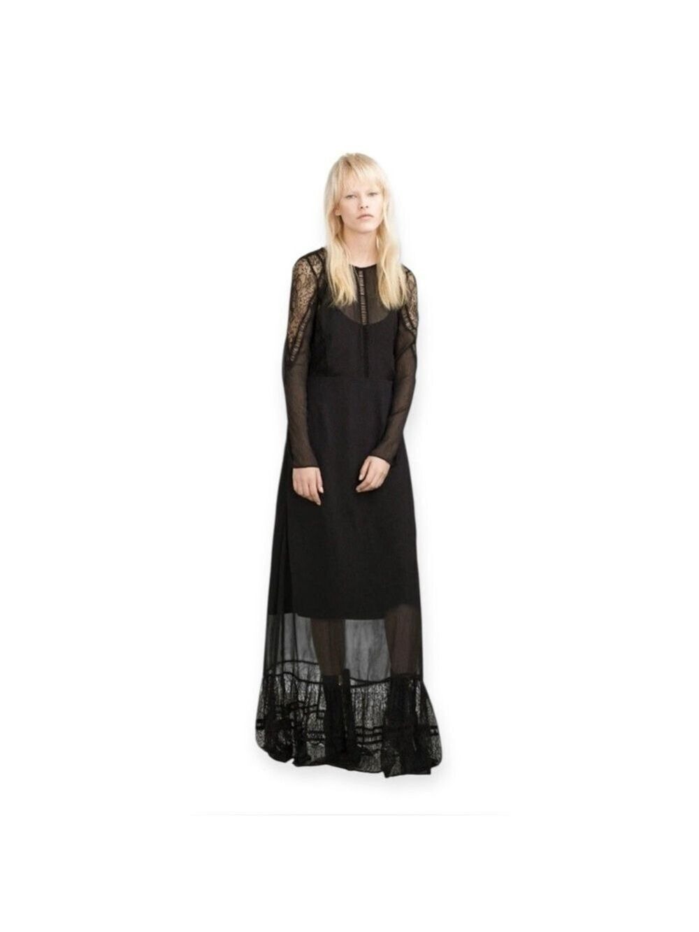 Zara Trafaluc Maxi Dress Black Lace Size M Gothic Long Sleeve Flowy